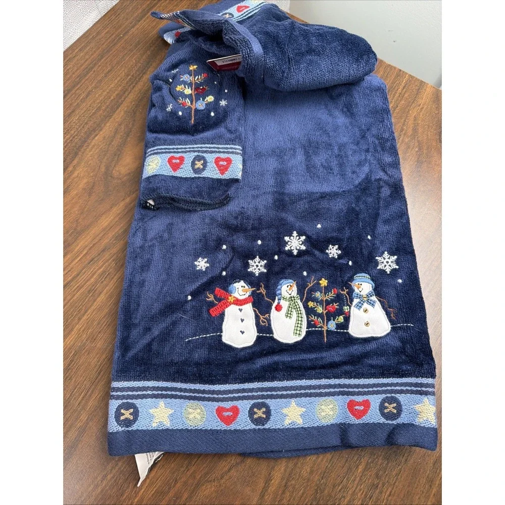 Navy Snow Man Embroidered Set 3 Piece Set - Bath, Hand, Washcloth Christmas Set